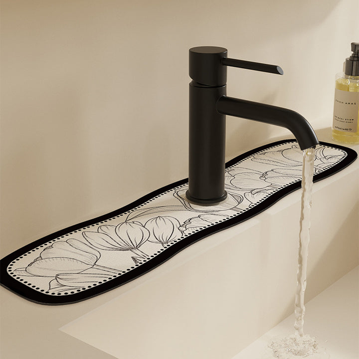 Decorative Semi-Circle Sink Splash Mat with Absorbent Silicone and Floral Sketch Print
