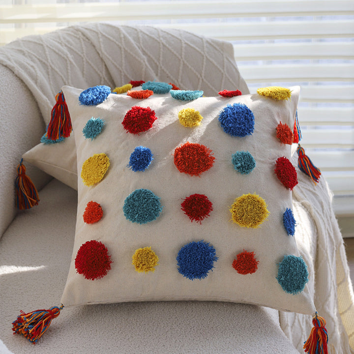 Dekoratives Zierkissen mit bunten Chenille‑Tufts, Baumwoll‑Leinenbezug und Quasten Karnz