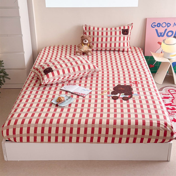 Gingham-Check-Baumwoll-Spannbettlaken und Kissenbezug Bettwaren-Set mit gesticktem Teddy