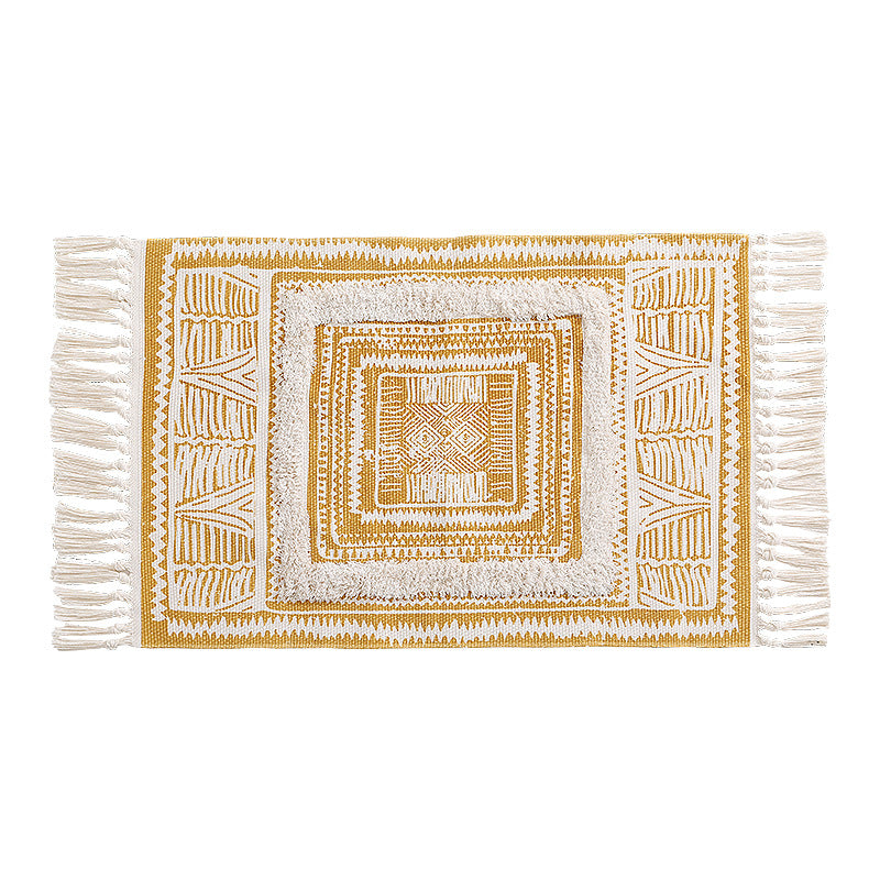Flacher Boho-Teppichläufer aus Baumwollmischgewebe mit geometrischem Hexagon‑Tufting und dekorativem Fransenrand