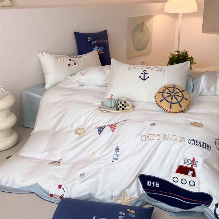 Nautische bestickte Baumwollbettwäsche Set mit ApplikAccent