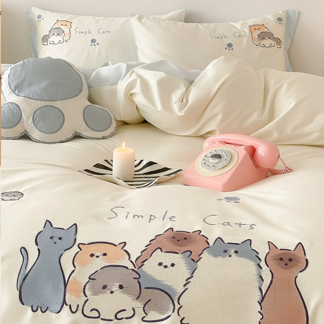 Baumwollsatin Bettbezug Set mit süßem Cartoon-Katzen Druck und passenden Kissenbezügen