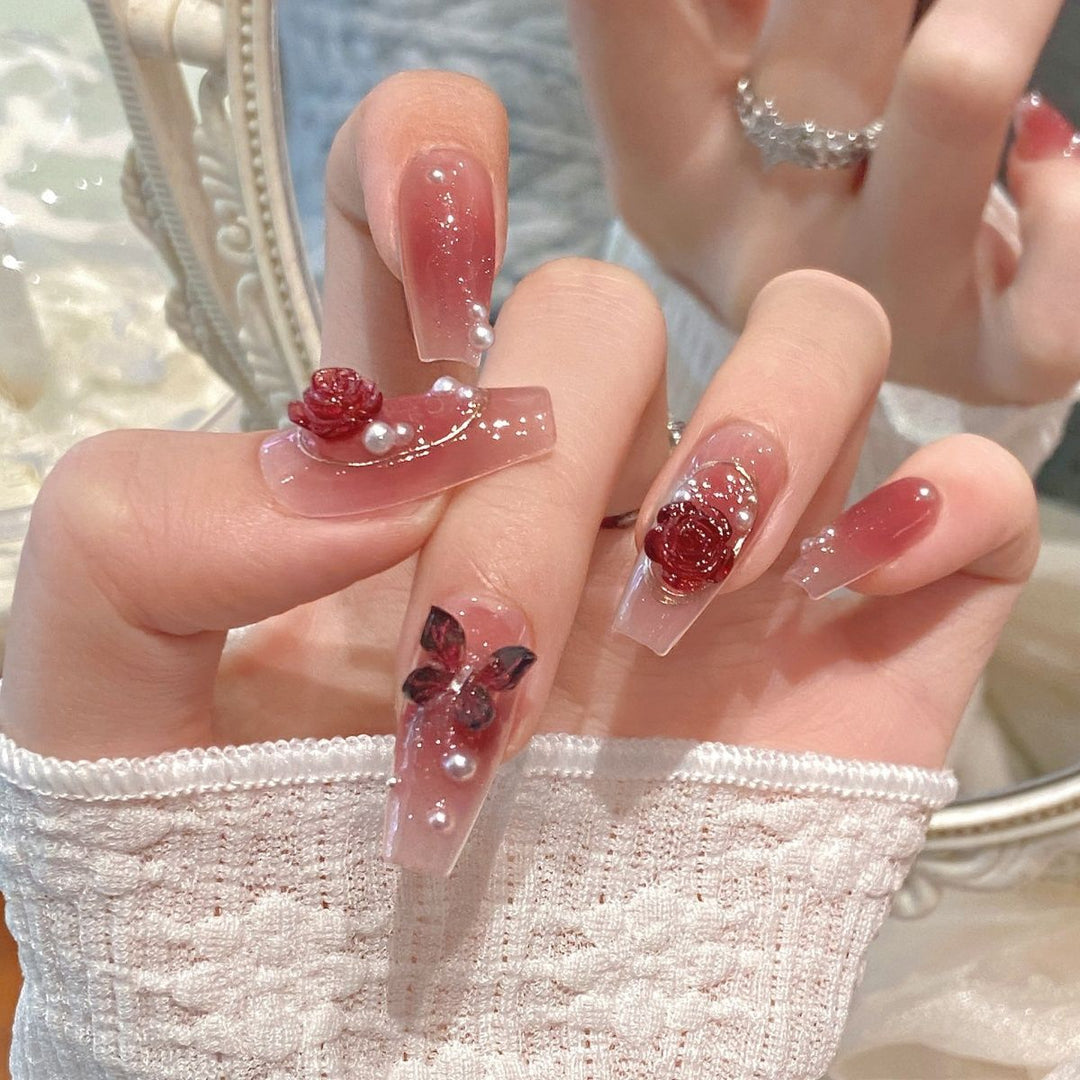 Künstlerisches Floral Verziertes Press-On Nail Set Karnz