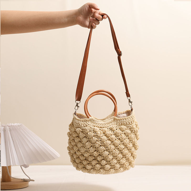 Damen Handtasche aus hochwertigem Makramee mit Holzgriff Karnz
