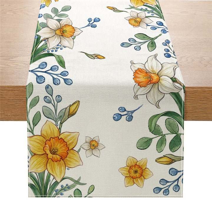 Dekorativer Baumwoll-Leinen Frühlings-Blumen Tischläufer mit rustikalem Holz-Querstück und Sonnenblumen-Druck