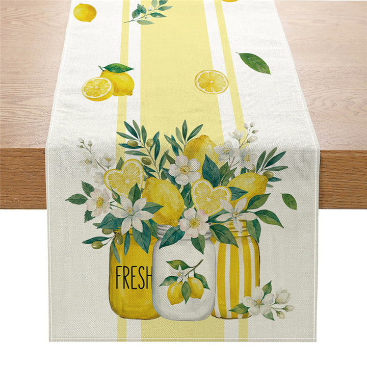 Baumwoll-Leinen Bauernhaus Tischläufer mit Sonnenblume & Bienen Aquarelldruck und gepunktetem Holzmaserung Rand