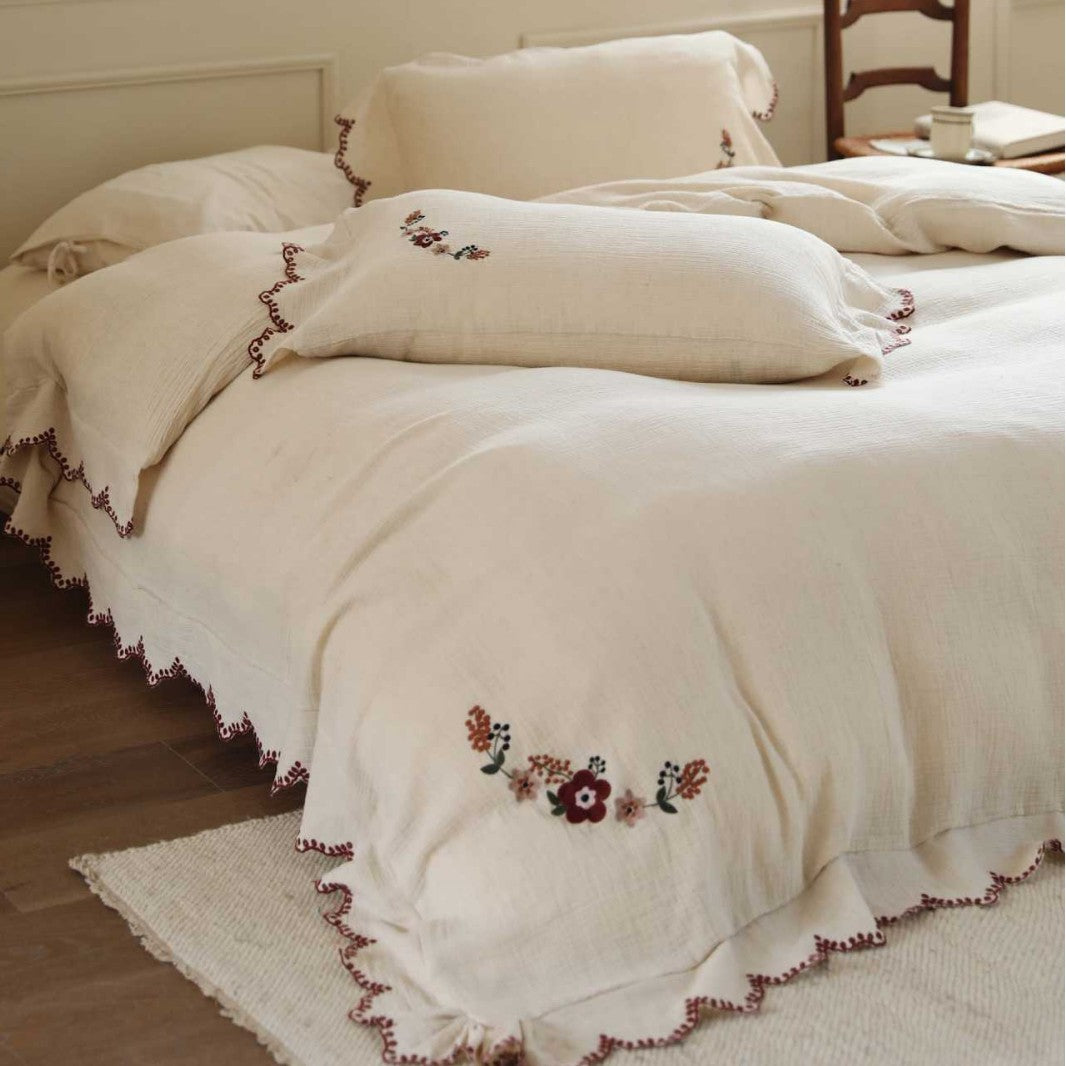 Bestickte florale gewellte Leinen Bettbezug Set