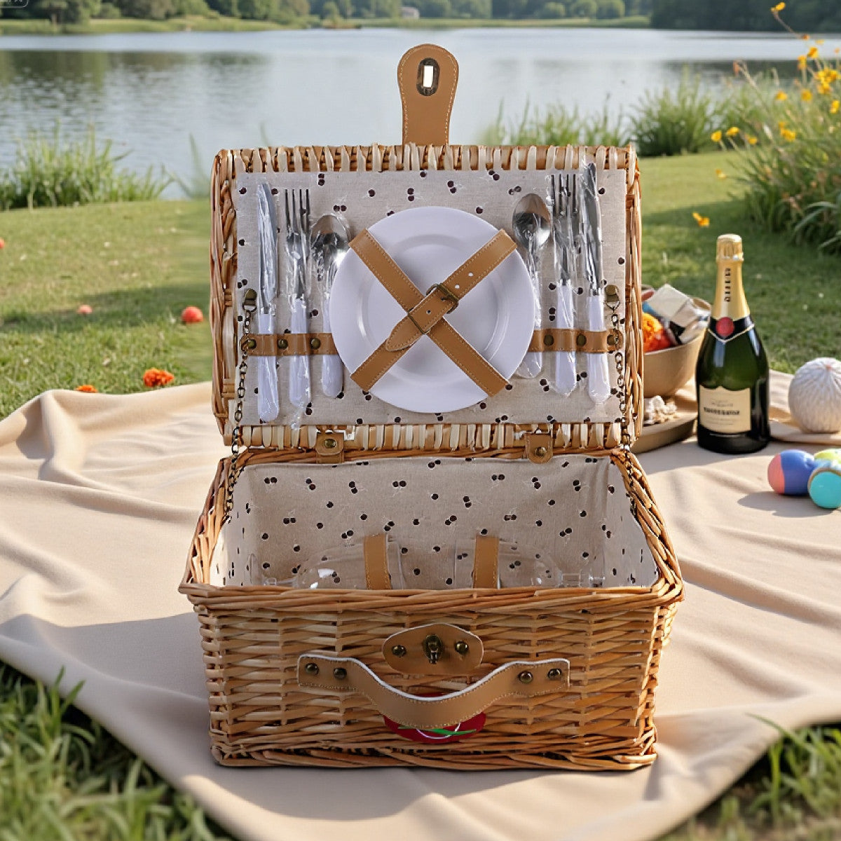Damen Picknickkorb mit integriertem Geschirrset und dekorativen Details Karnz