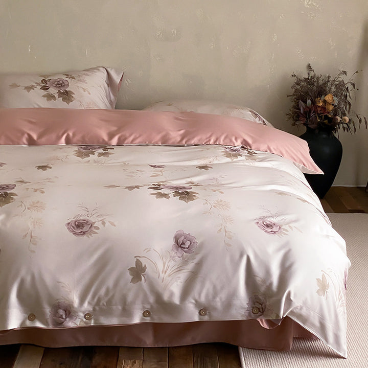 Premium-Baumwollsatin-Duvetbezuggarnitur mit floralem Jacquard-Relief und Knopfverschluss