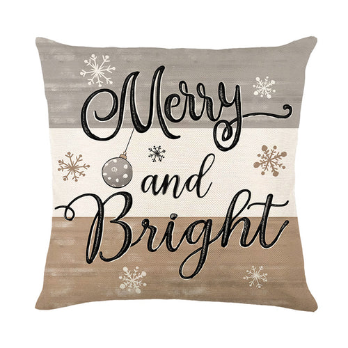 Quadratisches Baumwoll-Leinen-Urlaubs-Kissenbezug mit handgeschriebener Merry and Bright Schrift und Schneeflockenornament
