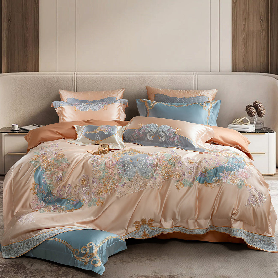 Besticktes Luxus Satin-Feel Bettbezug Set mit verstecktem Reißverschluss & Oxford Kissenbezügen