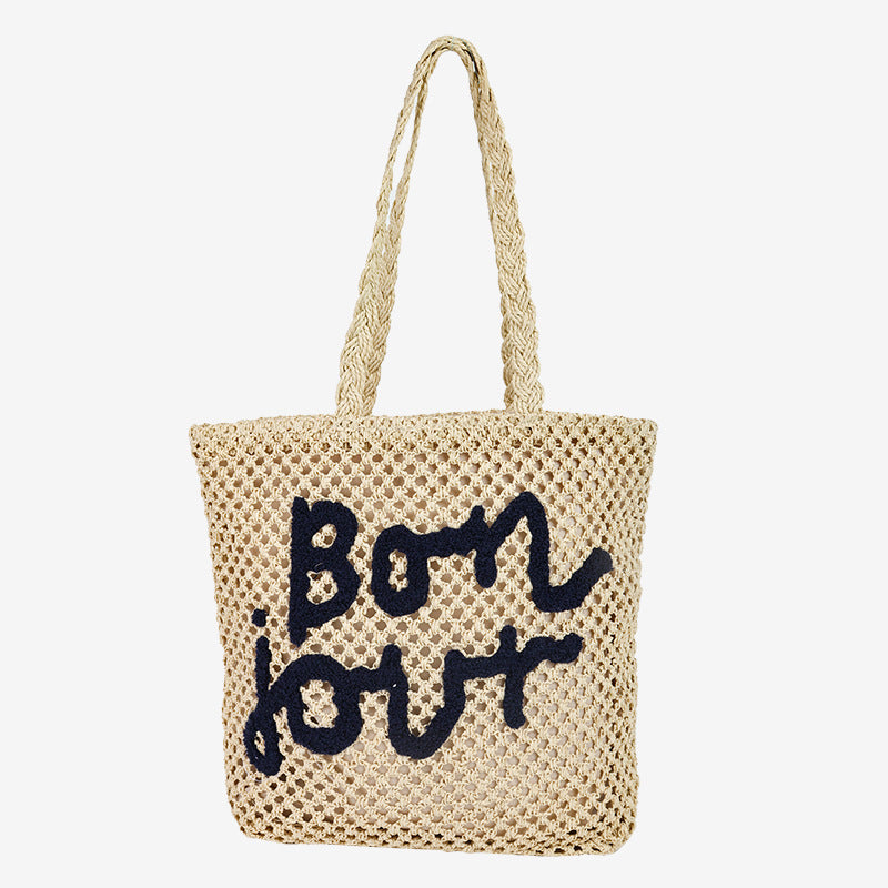 Damen Handgefertigte Strohtasche mit trendy Schriftzug Karnz