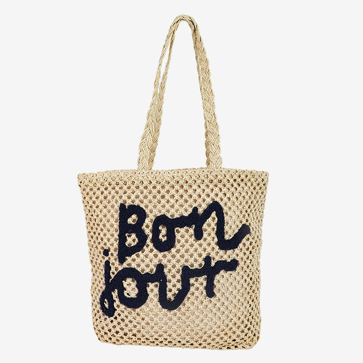 Damen Handgefertigte Strohtasche mit trendy Schriftzug Karnz