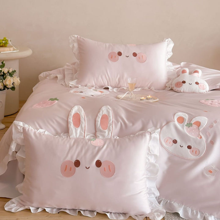 Rüschende Baumwollsateen-Kaninchen-Applikation Bettbezug-Set mit Ohr-Kissenbezügen