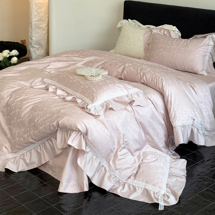 Rüsch-Jacquard-Schleifenmuster-Satin-Bettbezug-Set mit Spitzenbesatz und Kissenbezügen