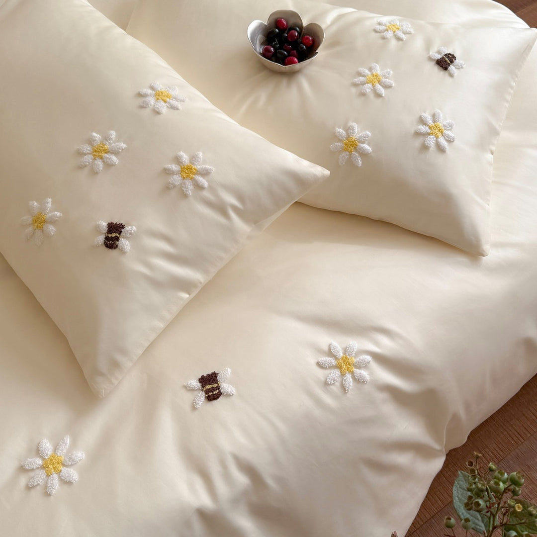 Hand-gesticktes Daisy und Bee Satin-Sateen Bettbezug Set