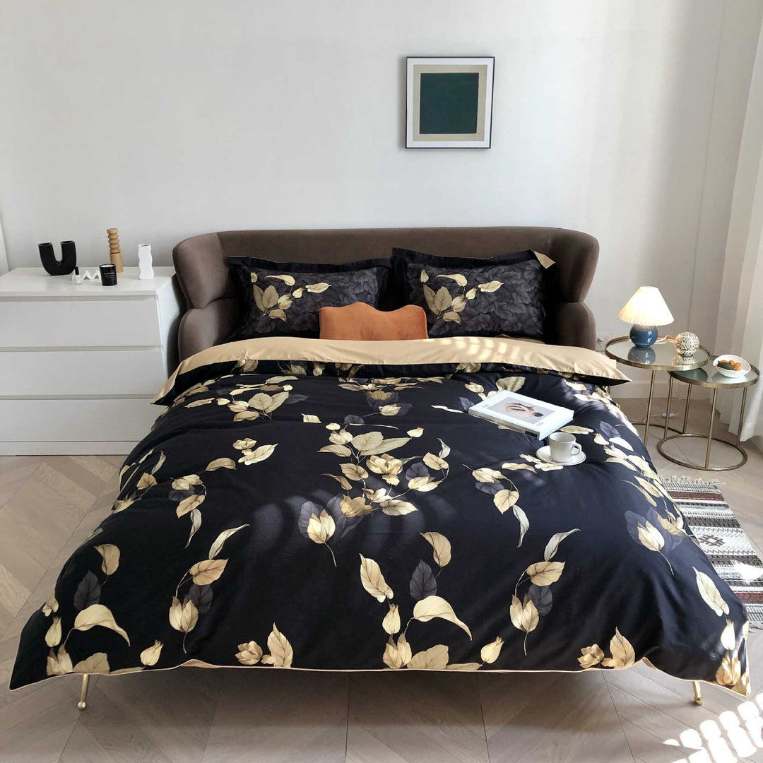 Luxoriöses florales Bettbezug-Set mit umkehrbarem einfarbigem Laken und Kissenbezügen