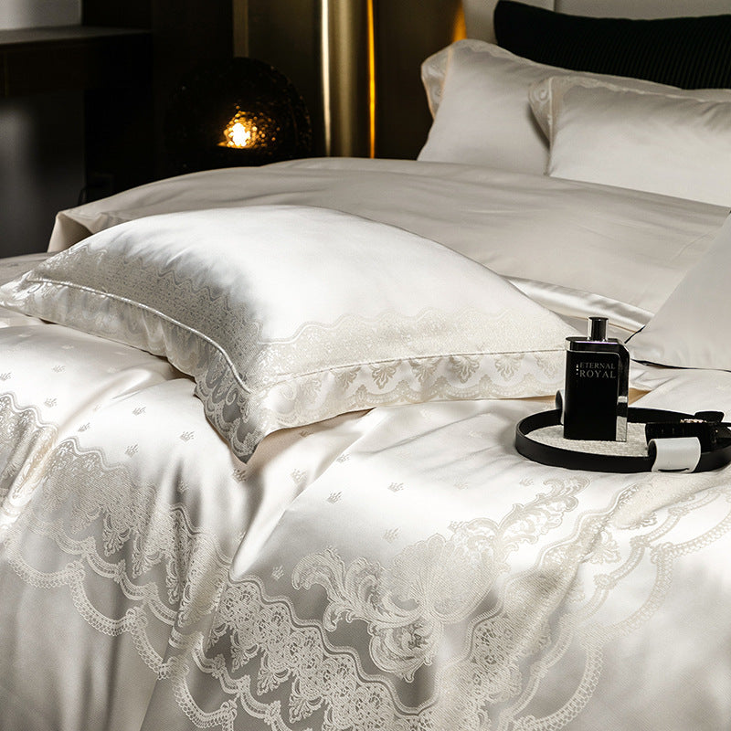 Luxus Satin Bettbezug Set mit Spitzen-Stickerei Rand und Kissenbezügen