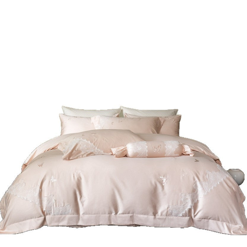 Schmetterling Besticktes Spitzenbesatz Sateen Bettbezug Set mit Bolster Kissen