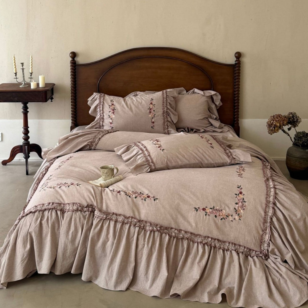 Vintage Floral Gestickte Rüschige Baumwolle Bettbezug Set