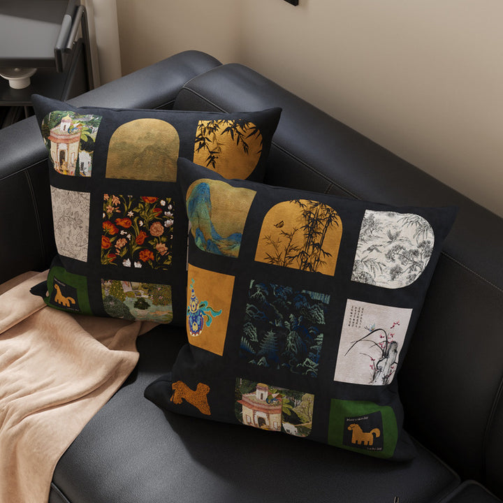 Decorative Patchwork Velvet Throw Pillow Cover with Asian-Inspired Scenic Panels and Metallic Gold Accents