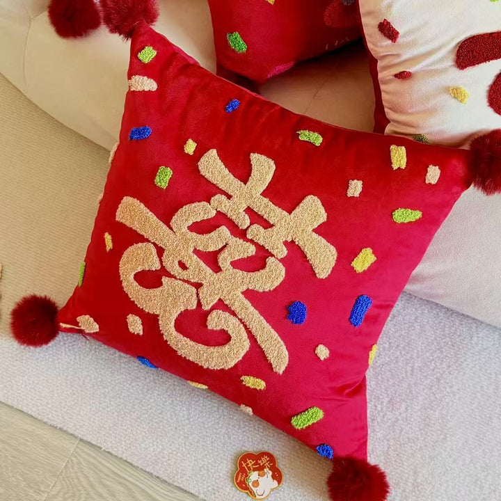 Buntes Chenille-geplüschtes quadratisches Wurfkissen mit plüschigen Pom-Pom-Ecken und abnehmbarem Einsatz
