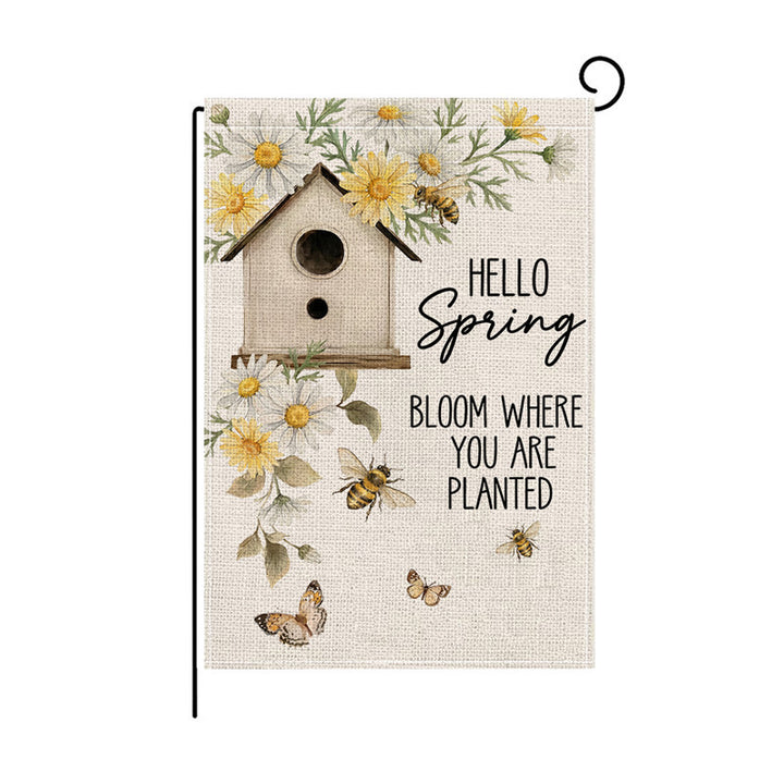Dekorative Jute-Textur Willkommen Gartenflagge mit Blumenkorb-Illustration