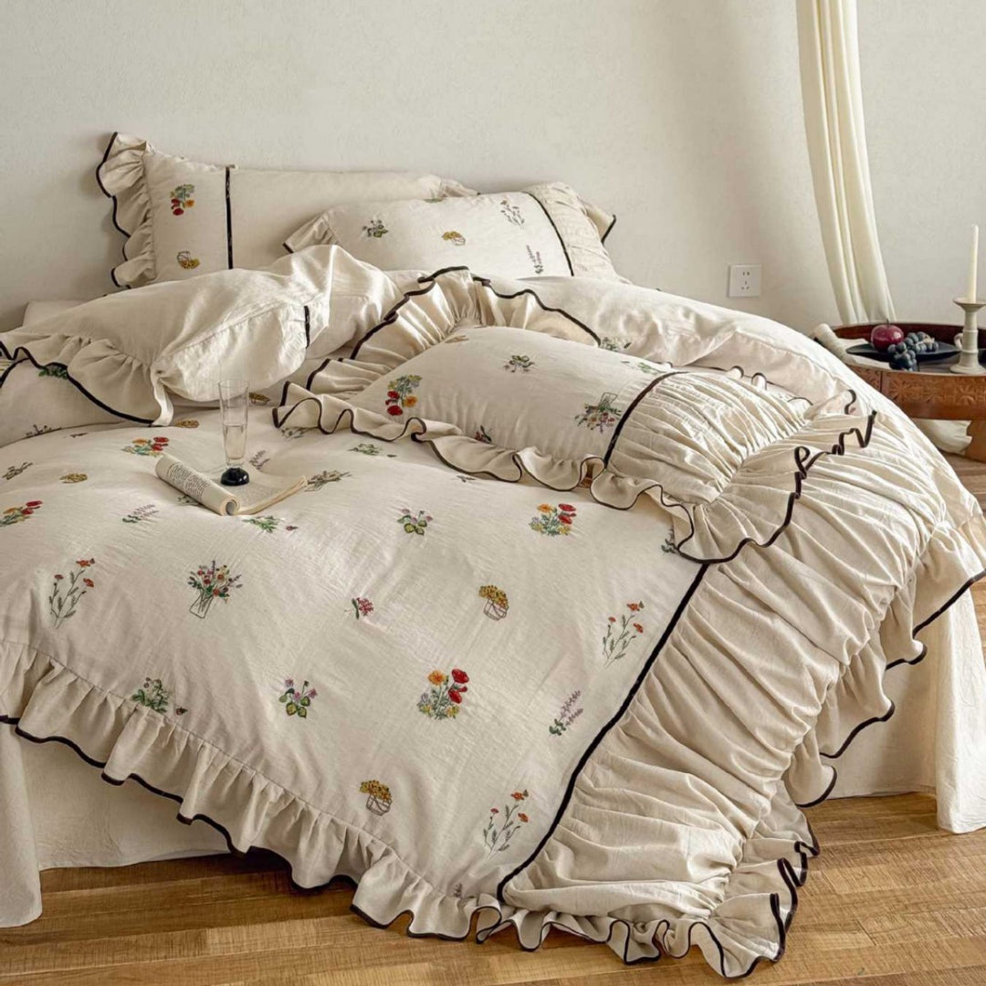 Gesticktes Floral Rüsch Bettbezug Set