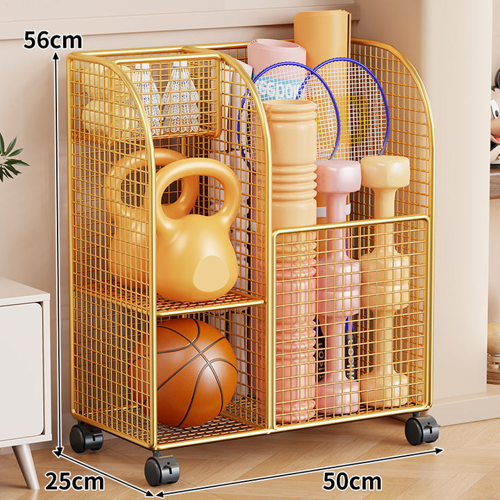 Rollender Mesh-Sportgeräte-Storage-Wagen mit Mehrfach-Organizer und verriegelbaren Rollen