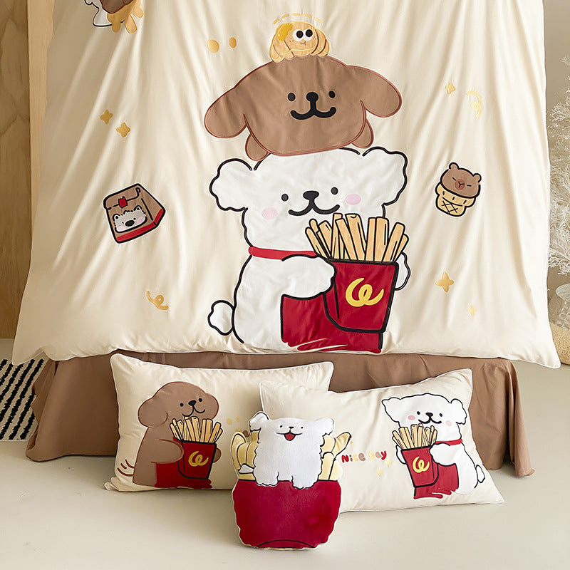 Kuscheliges Bettwäscheset mit niedlichen Cartoon-Hunden und Pommes-Design