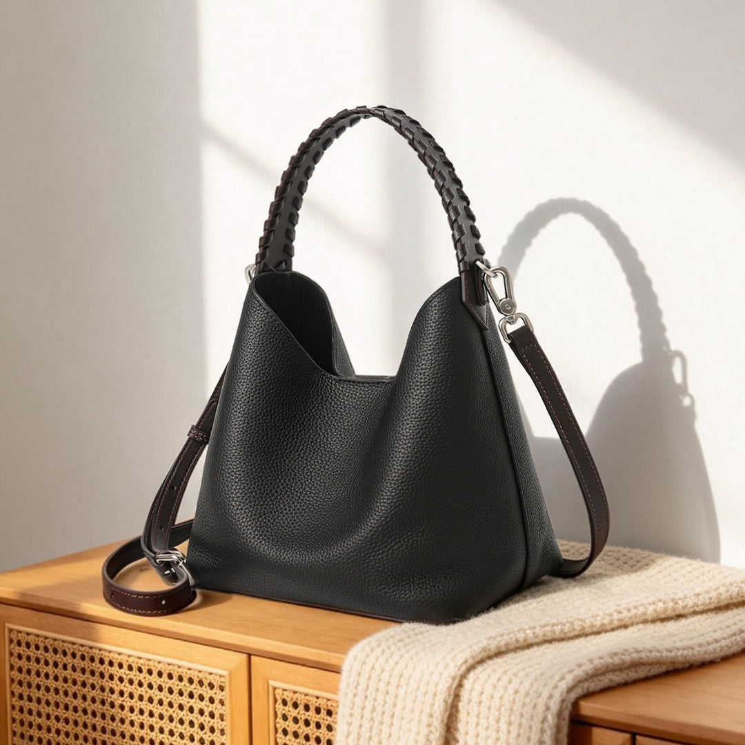 Geriffeltes Leder Bucket Hobo Bag mit geflochtenem Tragegriff und abnehmbarem Schultergurt