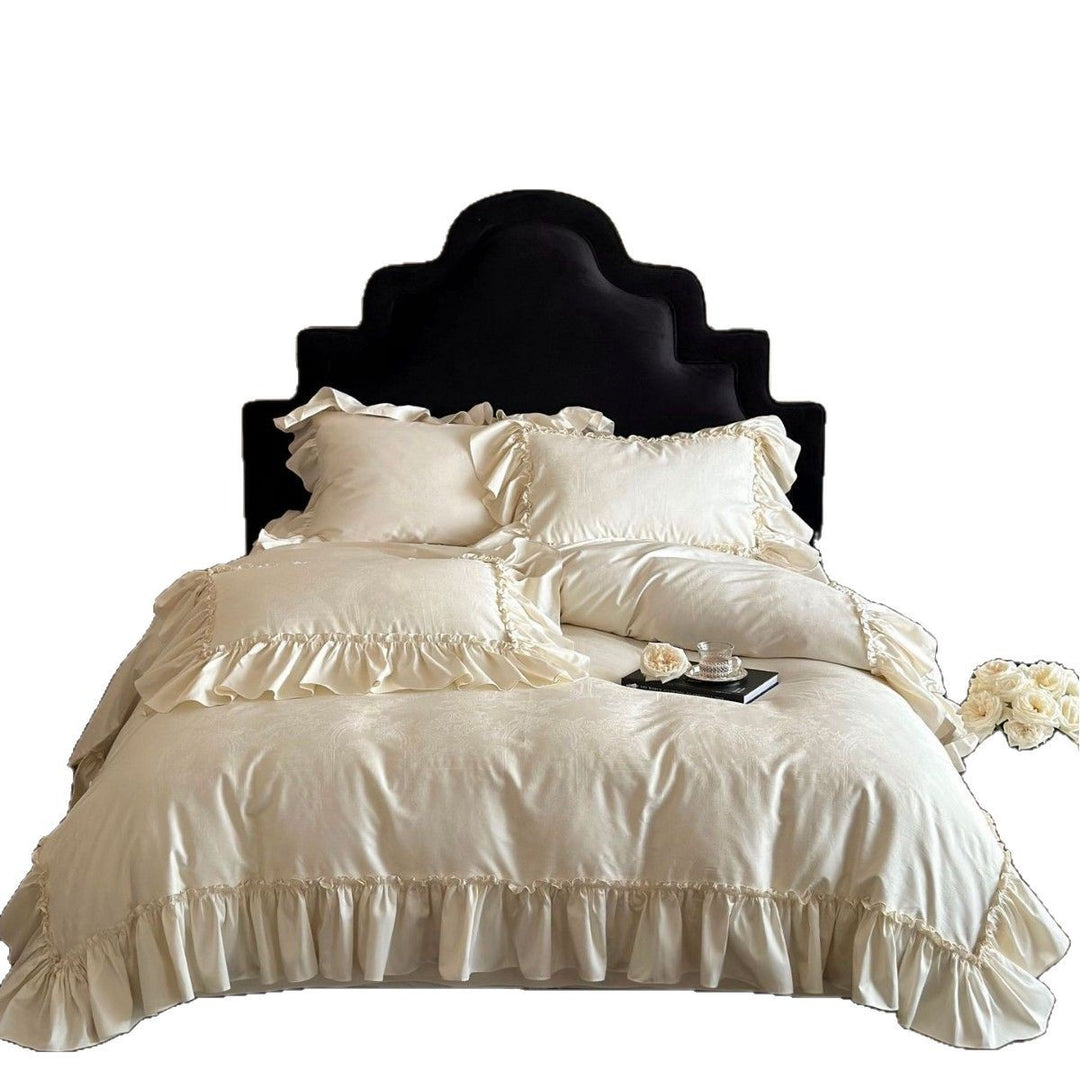 Rüsch Satin Jacquard Bettbezug Set mit gerafftem Rand und Kissenbezügen