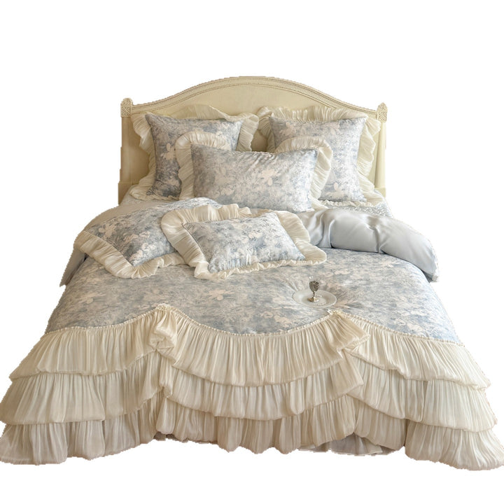 Rüschen-Plissee-Bettüberwurf und Bettbezug-Set mit floralem Jacquard und herabfallendem Rock