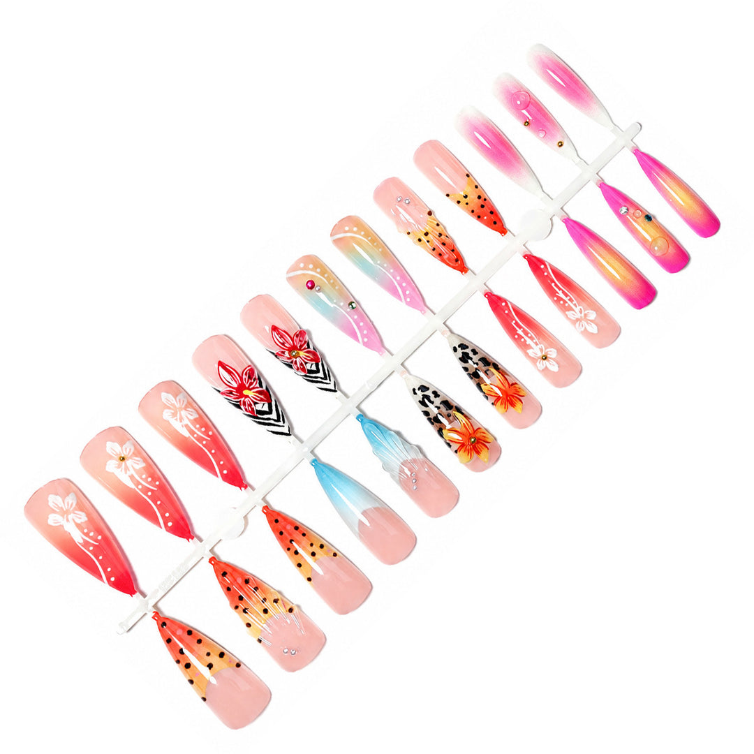 Künstlerisches Premium Press-On Nail Set mit floralen und tierischen Designs Karnz