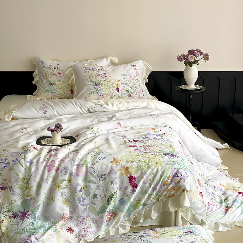 Blumige Baumwollsatin Rüschende Bettwäsche Set