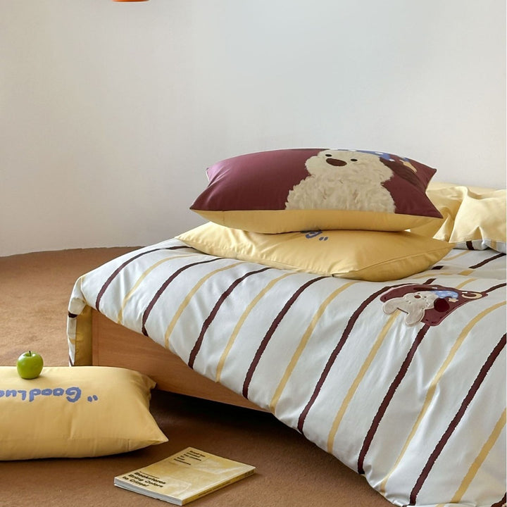 Gestreiftes Baumwollsatin Bettbezug-Set mit gesticktem Teddy-Applikation