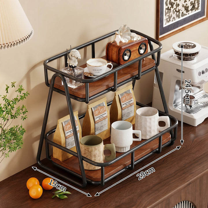 Dual-Tier Arbeitsplatten Kaffee- & Gewürzorganisator mit Metallschutz und Holzregalen
