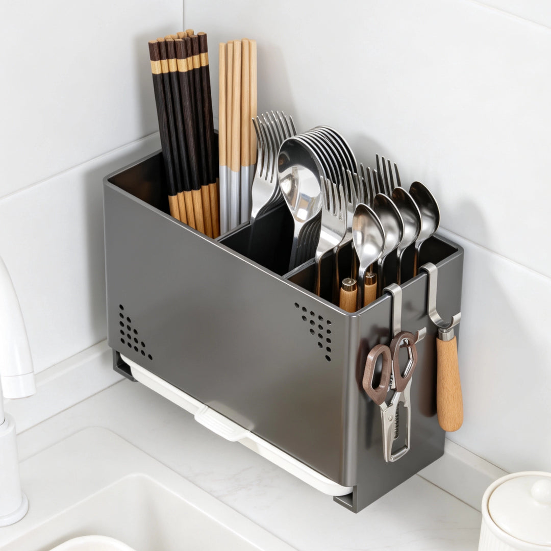 Wandmontierter Ablagebesteckorganizer mit abnehmbarem Tablett und Haken