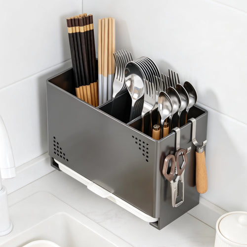 Wandmontierter Ablagebesteckorganizer mit abnehmbarem Tablett und Haken