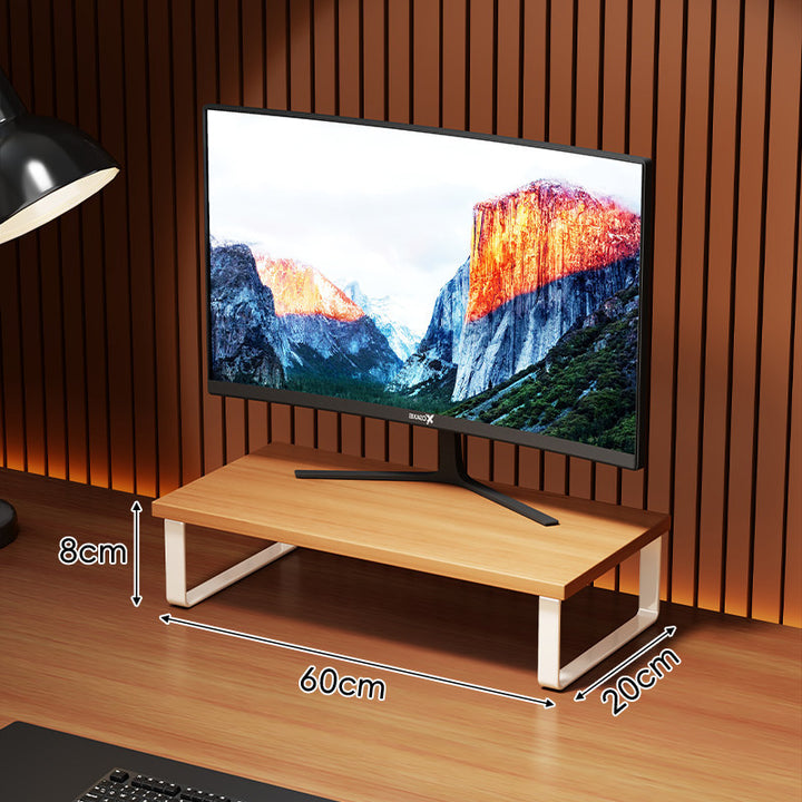Kompakte Holz-Monitorerhöhung mit Metallrahmen und Unterregalablage