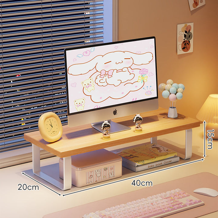 Kompakte Holz-Desktop-Monitorerhöhung mit Metallbeinen und unterer Ablagefläche