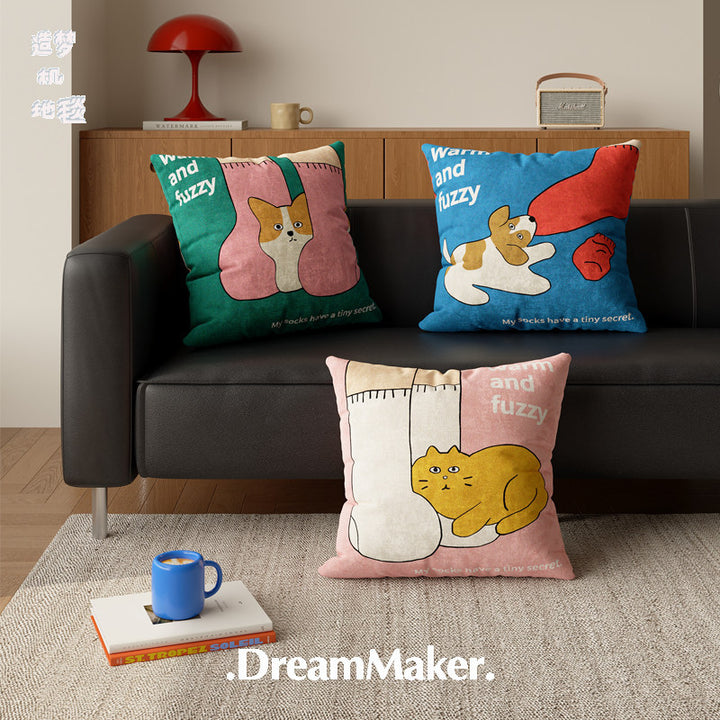 Plush Decorative Square Throw Pillow Cover with Cartoon Cat and Cozy Sock Illustration