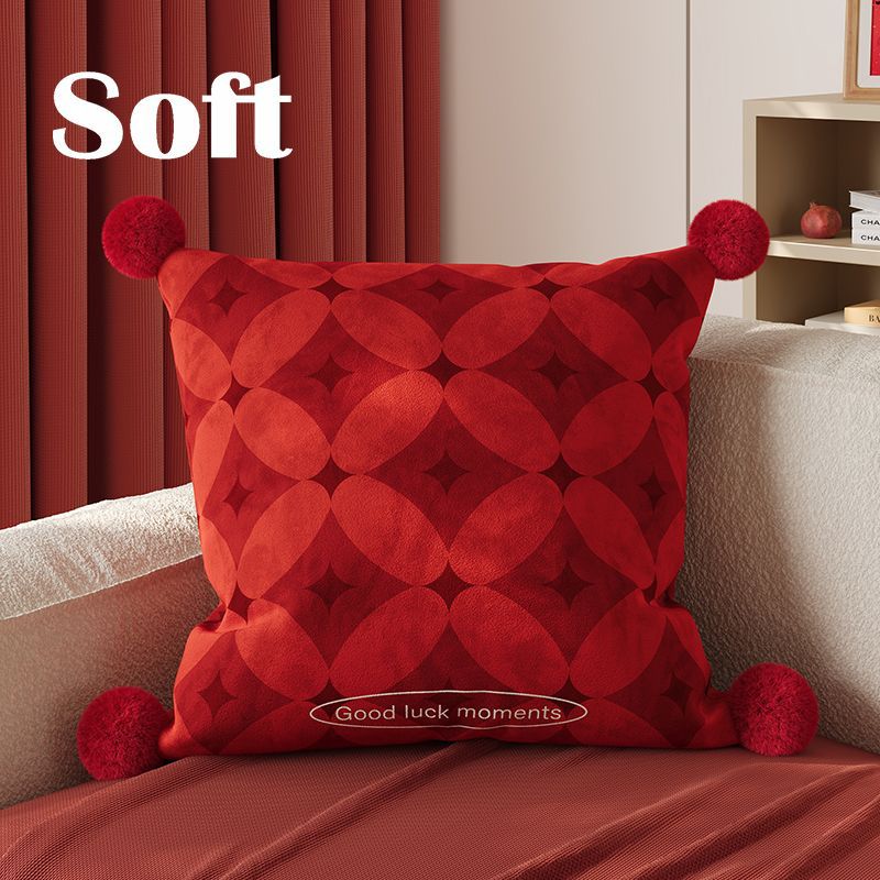 Decorative Velvet Square Throw Pillow with Corner Pom-Poms and Geometric Floral Emboss