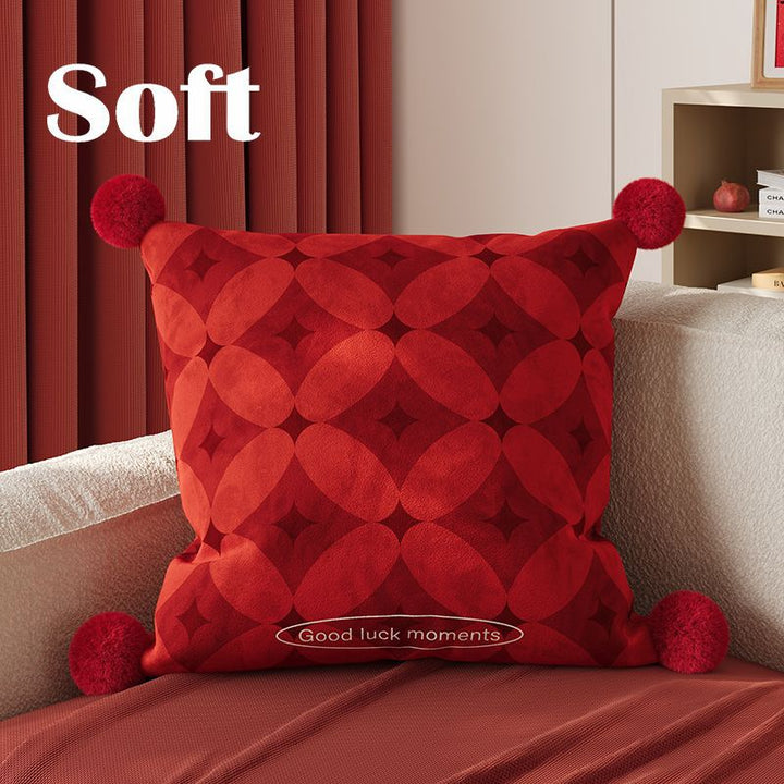Decorative Velvet Square Throw Pillow with Corner Pom-Poms and Geometric Floral Emboss
