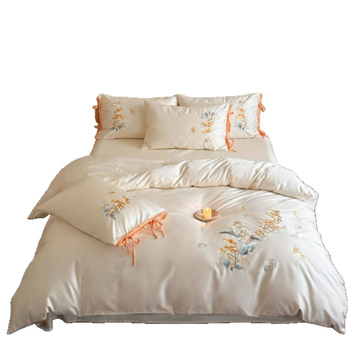 Botanisches gesticktes Satin-Bettbezug-Set mit Bandbindung-Kissenbezügen