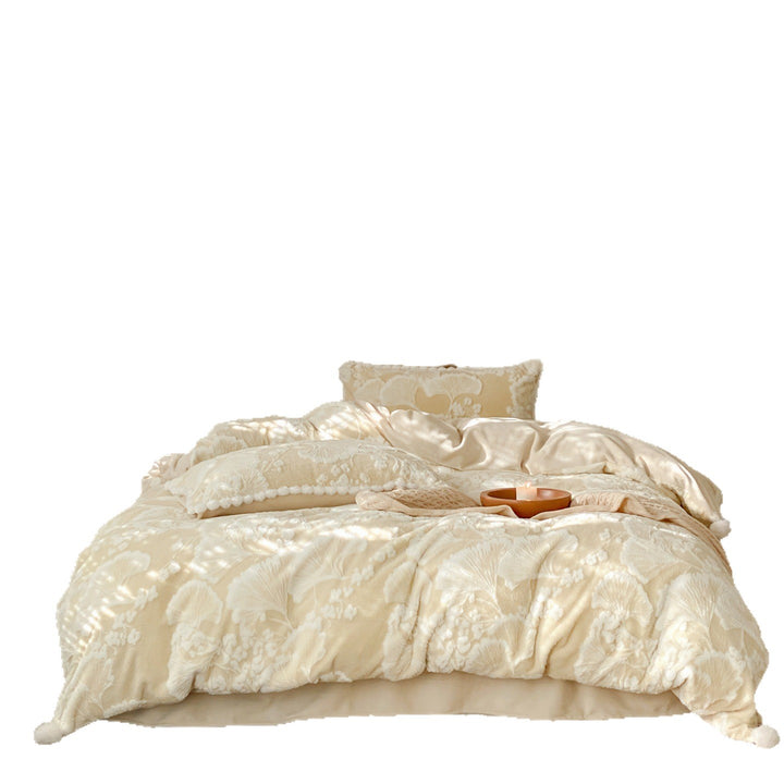 Geplüschtes Chenille Floral Bettbezug Set mit Pom-Pom Besatz