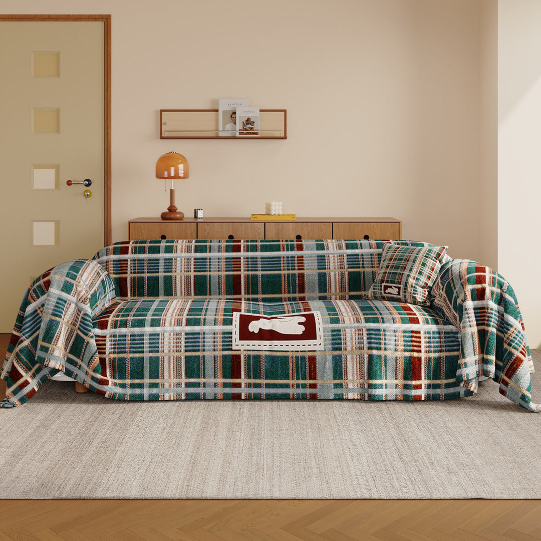 Brushed Microfiber Plaid Sofa Slipcover Throw with Bunny Appliqué and Removable Cushion Cover