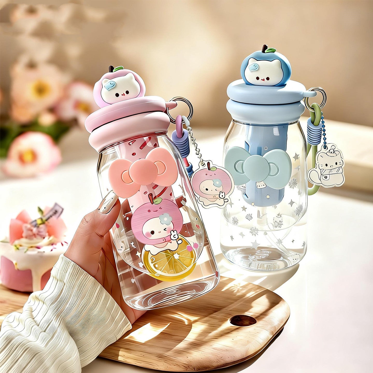 Damen Trinkflasche mit fröhlichem Apfelmotiv und integriertem Deckel Karnz