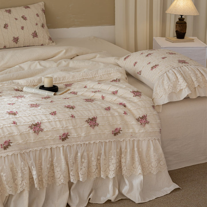Rüsche Spitzenbesatz Bestickte Rose Baumwolle Bettbezug Set