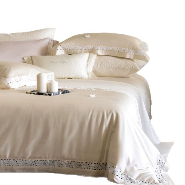Luxuriöse bestickte Baumwollsatin-Bettwäsche mit Spitzeneinsatz